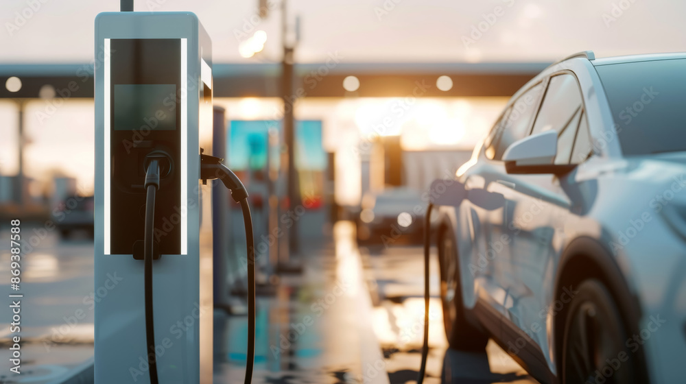 A white electric car charges at a charging station, with the sun setting in the background. A white electric car charges at a charging station, with the sun setting in the background.