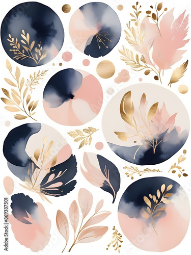 Arrangements. Navy blue, blush, pink, ivory, beige watercolor Illustration and gold elements, on white background. Abstract modern print set. Poster. Business card.