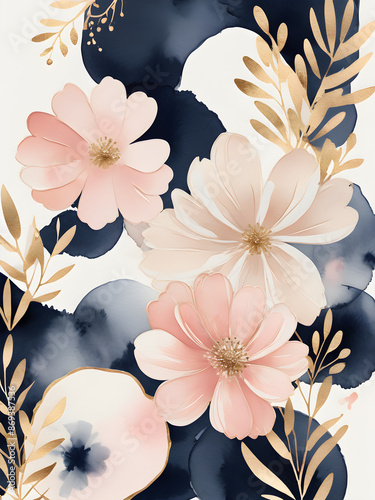 Arrangements. Navy blue, blush, pink, ivory, beige watercolor Illustration and gold elements, on white background. Abstract modern print set. Poster. Business card.