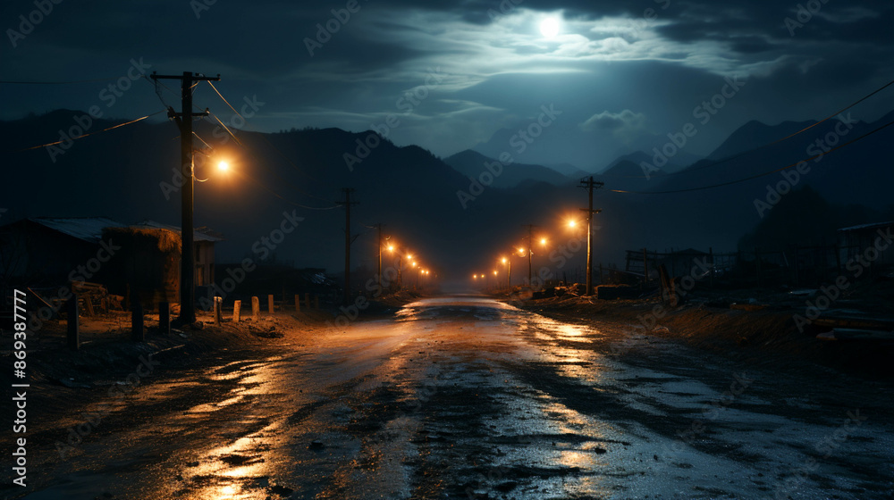 Empty night road with road light Empty night road with road light