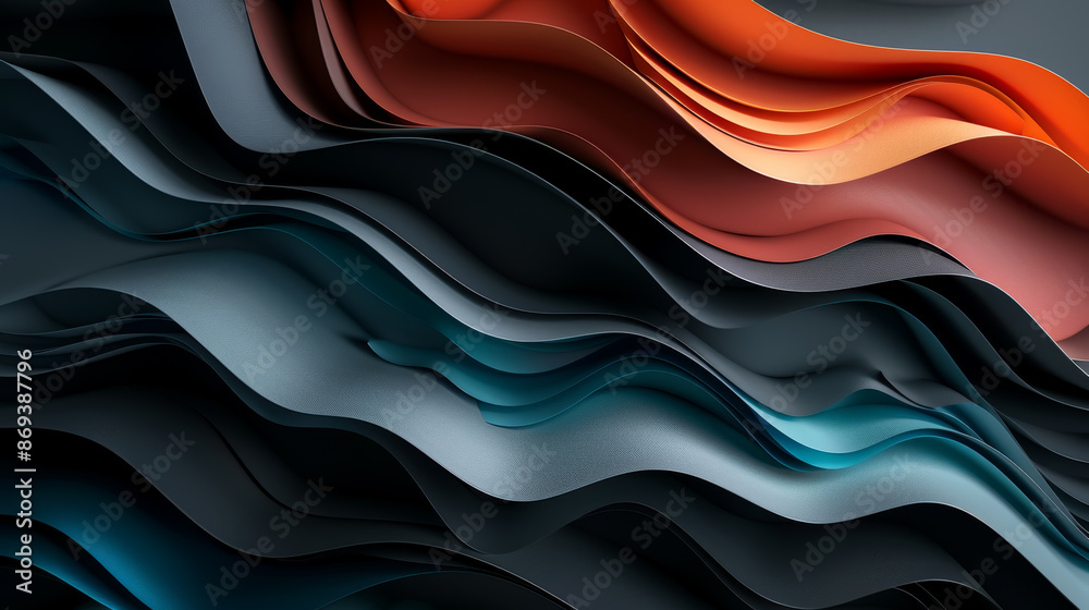 Abstract wavy pattern in shades of blue, gray, and orange.
