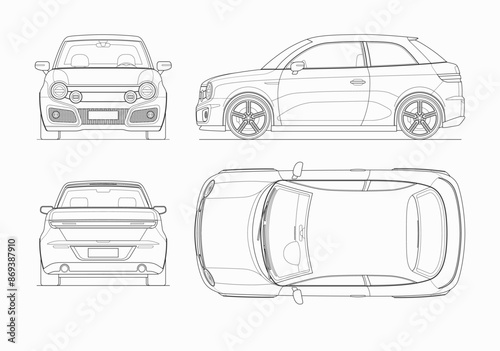 Modern sub compact city car mockup in outlines, contours. Set of blueprints of non-existent subcompact car. Side, top, front and rear view of realistic small noname car isolated on white background.