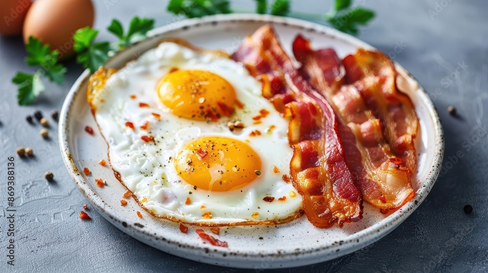 mouthwatering breakfast plate with perfectly cooked sunnysideup eggs and crispy bacon strips arranged artfully on white ceramic dish mouthwatering breakfast plate with perfectly cooked sunnysideup eggs and crispy bacon strips arranged artfully on white ceramic dish