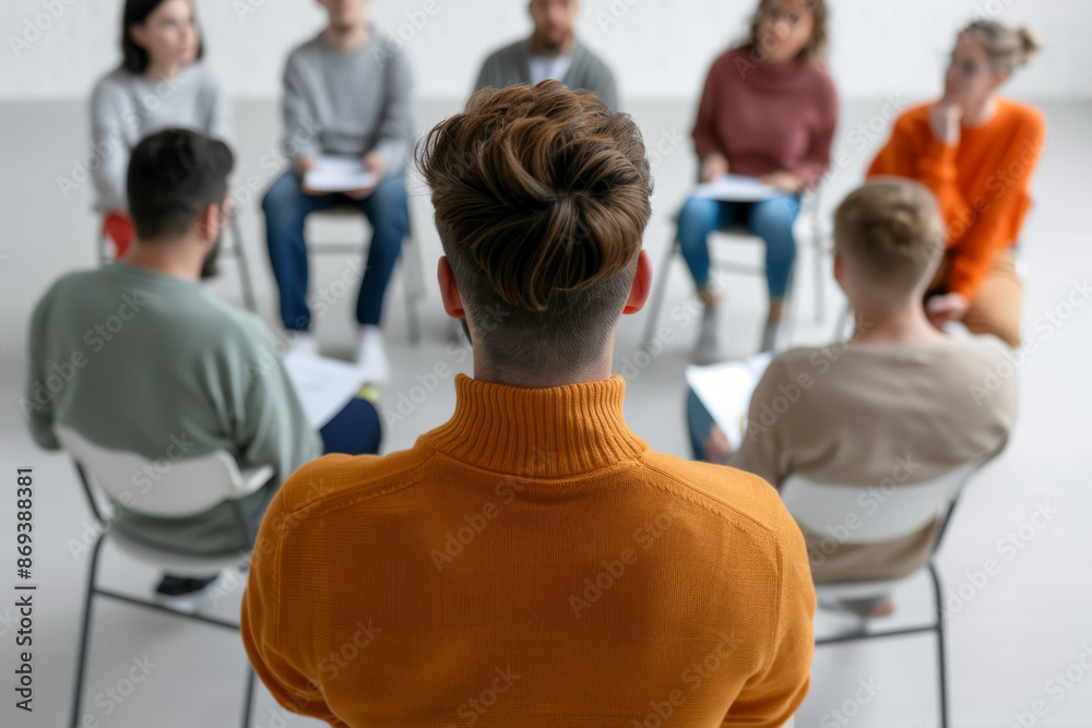 Obraz premium Group therapy session with people sitting in a circle and sharing emotions, focus on person with orange sweater, mental health support meeting.
