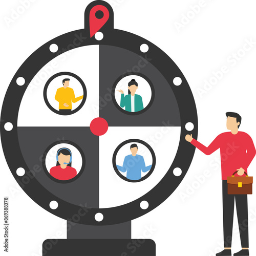 Choosing candidate, hiring new headcount or applicant, lucky winner staff, human resources pick new talent or layoff employee concept, businessman HR staff picking candidate by lucky draw wheel.

