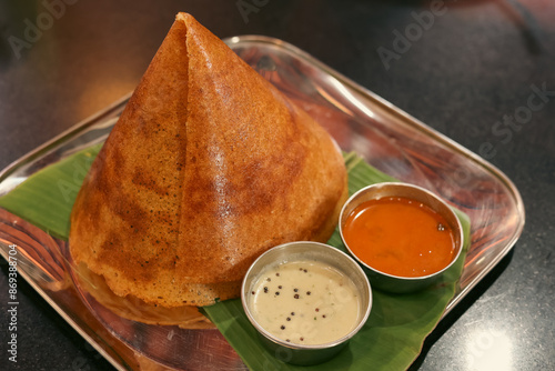 Dosa, ghee roast with coconut chutney sambar popular South Indian Breakfast, Mysore Bangalore Karnataka  Kerala, Tamil Nadu India. Top view of Masala dosa, pancake stuffed with potato curry side dish.