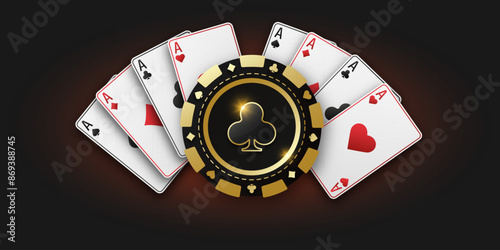 Realistic playing chip with the suit of clubs, gambling tokens. Fans of playing cards ace of all suits. The concept of playing poker or casino. Gambling banner for web application or site. Vector
