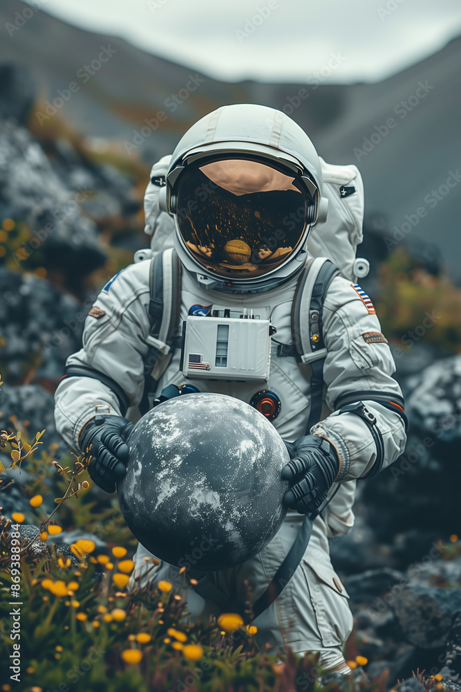 A astronaut character isolated holding a big model of the moon, hover flying style, dark background, in a distant planet