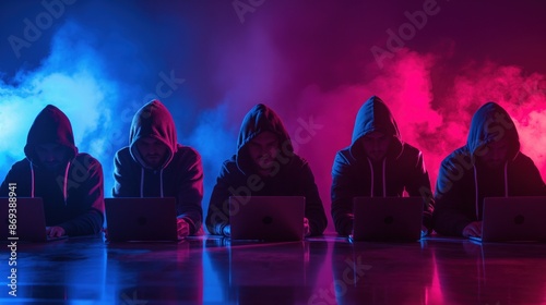 Group of hackers plotting a cyberattack, representing the dark side of technology and the importance of cyber defense photo