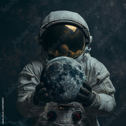 A astronaut character isolated holding a big model of the moon, hover flying style, dark background, in a distant planet