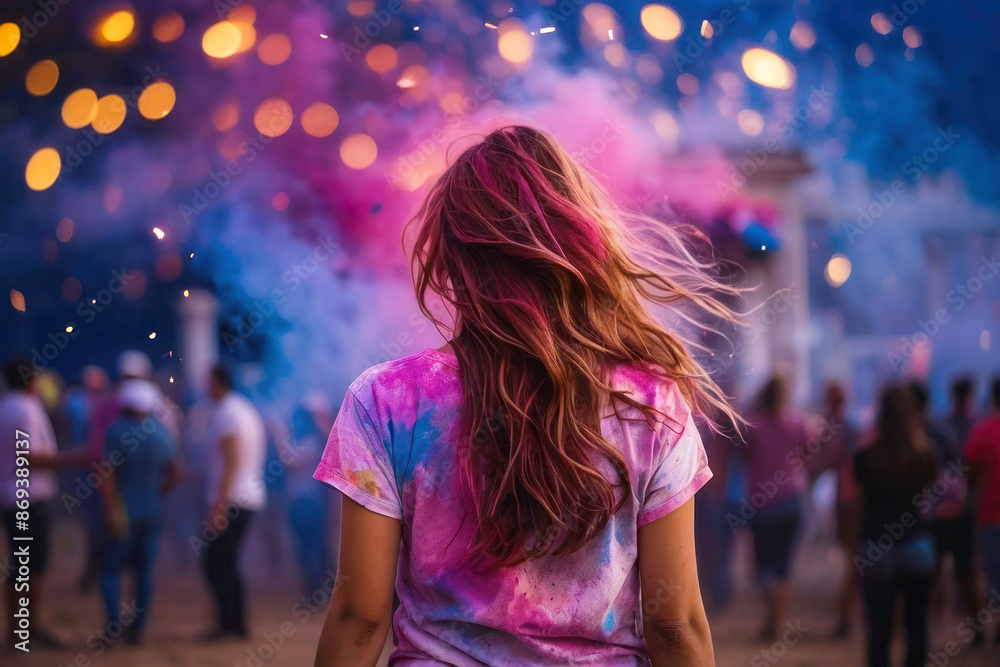 Back view of a girl looking at fireworks in the sky, summer festival, outdoor music concert. Back view of a girl looking at fireworks in the sky, summer festival, outdoor music concert.