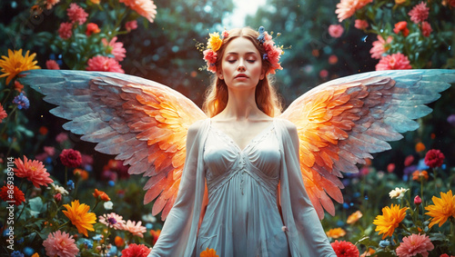 realistic illustration of natural angel standing and dreaming in garden full of flowers  photo