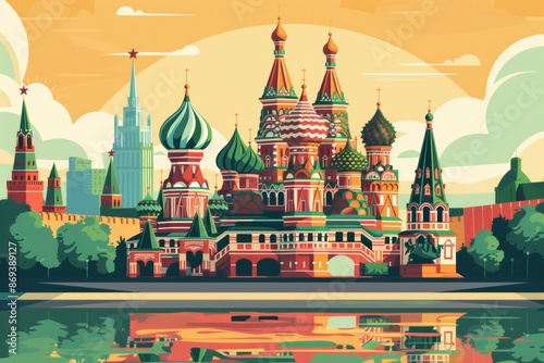 red square in Moscow, Russia landmarks architecture flat illustration, World Russian language day