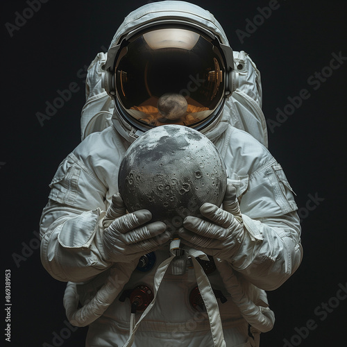 A astronaut character isolated holding a big model of the moon, hover flying style, dark background, in a distant planet