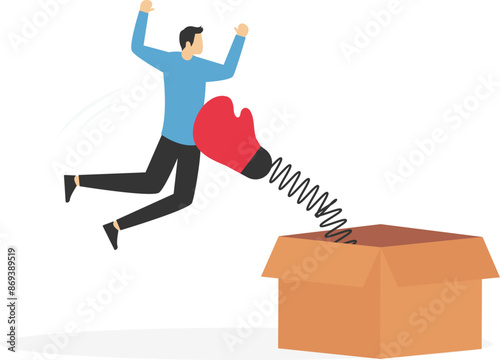 Businessman got punched by surprise boxing glove, Business financial obstacles concept

