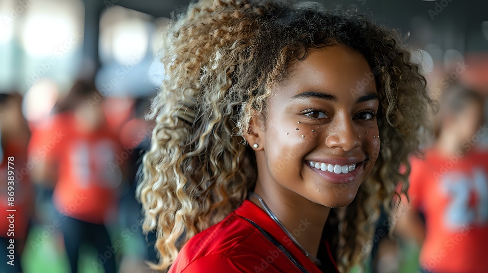 Smiling woman with curly hair, symbolizing happiness and confidence. Ideal for themes of beauty, joy, and self-esteem