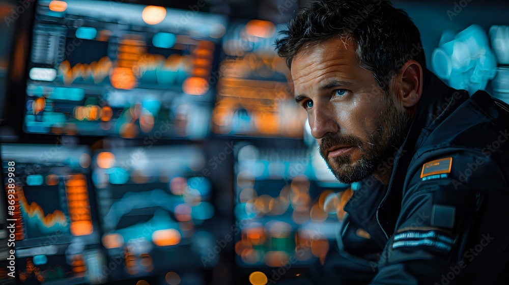 Man working in a futuristic office with multiple screens, representing technology and business. Ideal for themes of work, technology, and business environments. Man working in a futuristic office with multiple screens, representing technology and business. Ideal for themes of work, technology, and business environments.
