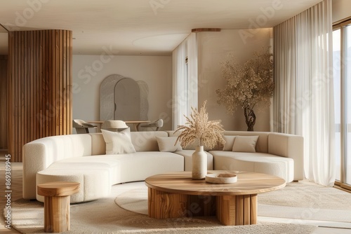 minimalist luxury living room with round wooden coffee table and beige corner sofa 3d render