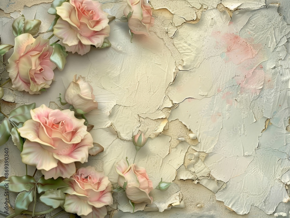 A wall with a floral design and a few roses A wall with a floral design and a few roses