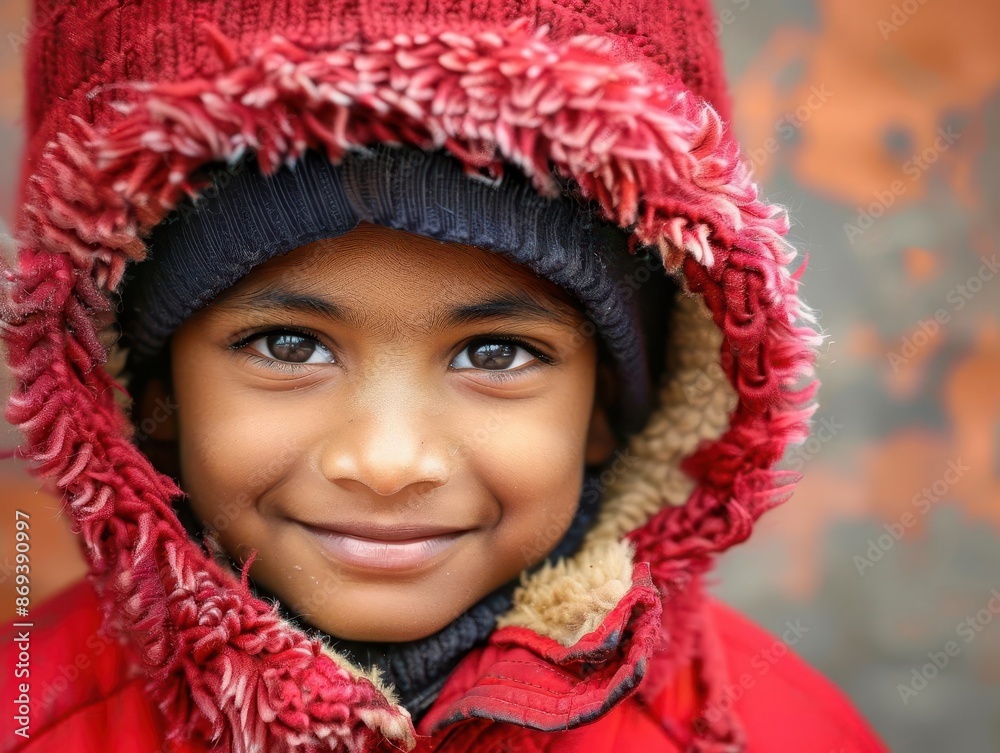 portrait of young indian boy in vibrant red winter coat expressive eyes and innocent smile capturing the essence of childhood in a culturally rich setting portrait of young indian boy in vibrant red winter coat expressive eyes and innocent smile capturing the essence of childhood in a culturally rich setting