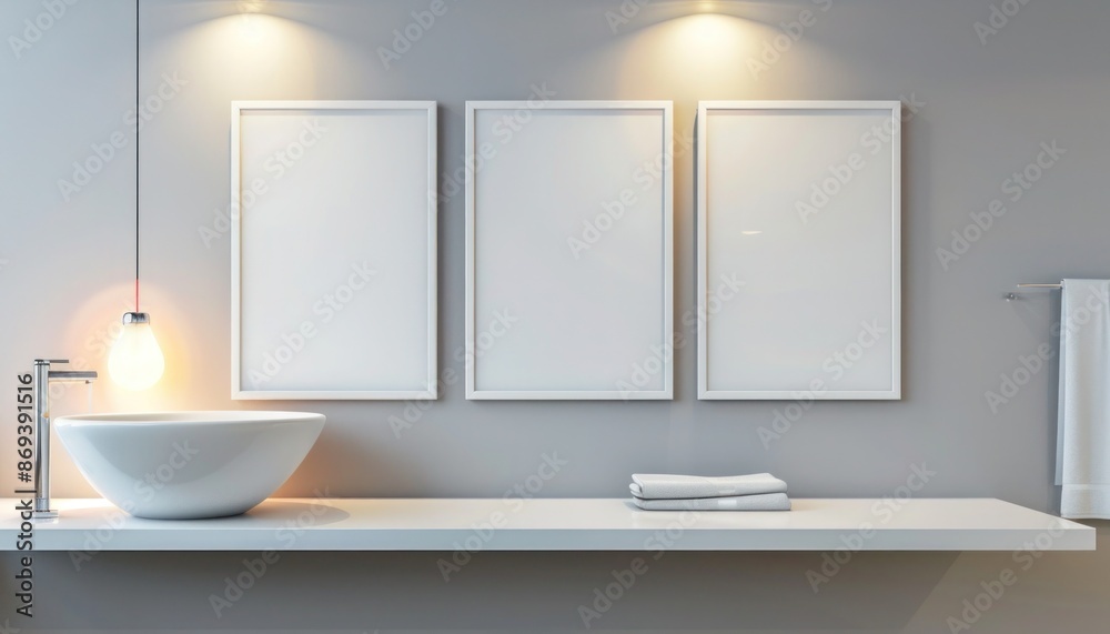 A modern bathroom with a floating sink, three empty frames on a soft grey wall, highlighted by bright lighting. A modern bathroom with a floating sink, three empty frames on a soft grey wall, highlighted by bright lighting.