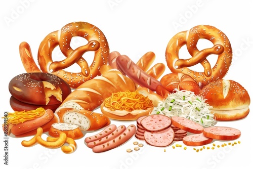 Indulge in a mouthwatering spread of pretzels, sausages, and sauerkraut that tempts passersby with its delicious aroma. The illustration is set on a clear white background. photo