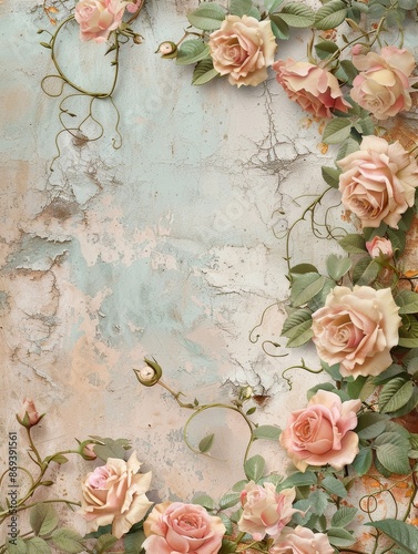 A wall with a floral design and a few roses