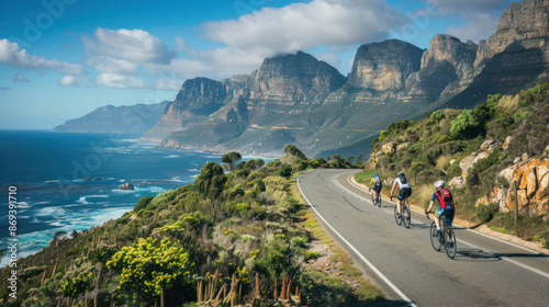 Cyclists riding along a scenic coastal road