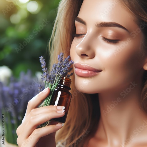 beautiful woman smells lavender essential oil