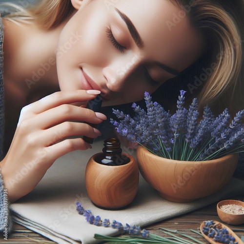 Woman smells lavender essential oil