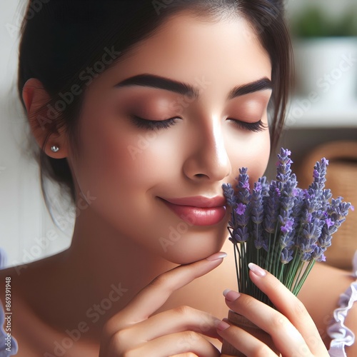 beautiful woman smells lavender bouquet