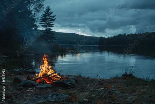 Experience the tranquility of a crackling bonfire amidst the serene beauty of the Canadian landscape, as the soft glow of the flames illuminates the surrounding trees and foliage.