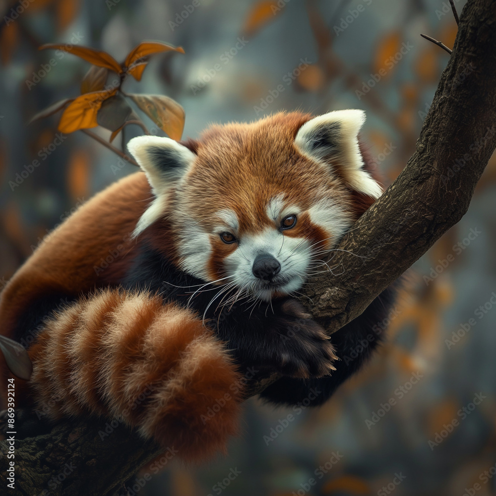 Naklejka premium A resting red panda in its habitat