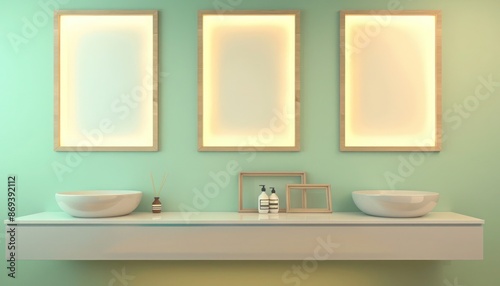 A modern bathroom with a floating vanity, three empty frames on a pastel green wall, highlighted by soft lighting.