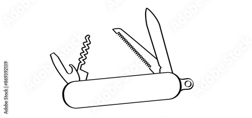 Cartoon jackknife multitool, tools. Pen knife icon. Clasp knife sign. Corkscrew or bottle screw, knifes, saw, screwdriver and bottle opener. survival, travel, picnic, camping tool. Pocketknife blade. 
