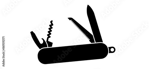 Cartoon jackknife multitool, tools. Pen knife icon. Clasp knife sign. Corkscrew or bottle screw, knifes, saw, screwdriver and bottle opener. survival, travel, picnic, camping tool. Pocketknife blade. 