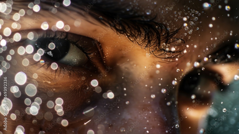 Droplets of sweat on a person forehead in close-up