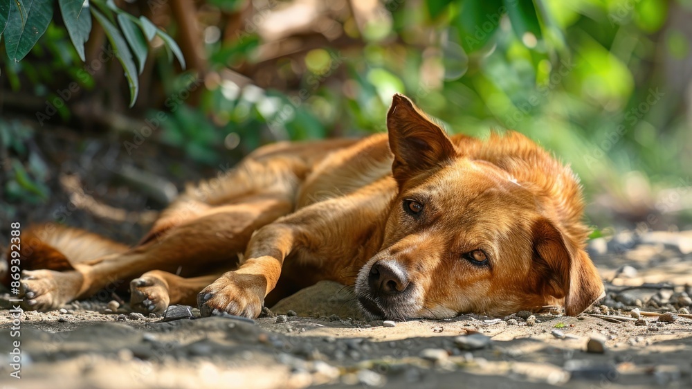 Exhausted dog lying in the shade, panting heavily Exhausted dog lying in the shade, panting heavily