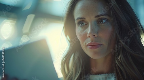 young woman, company worker in glasses, smiling and holding digital tablet, standing over white office room background