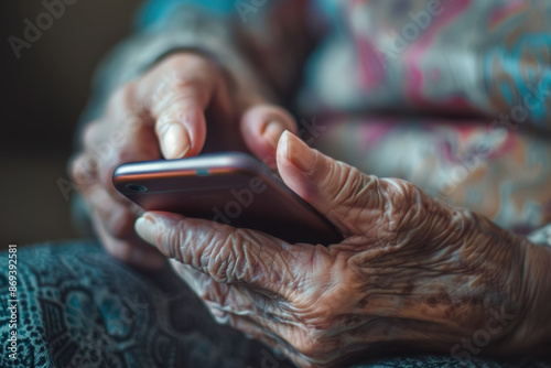 Close-up of elderly hands using a smartphone demonstrating technology adoption. photo
