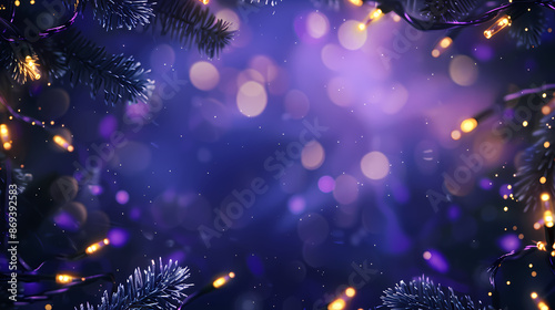 Christmas themed background with purple Christmas tree branches and decorations