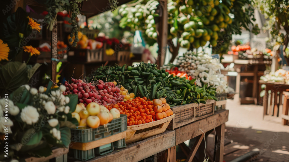 Farmers market with fresh produce and flowers