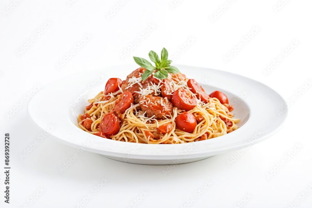 Close-up of Spaghetti with Meatballs, Tomatoes, and Basil on White Plate Close-up of Spaghetti with Meatballs, Tomatoes, and Basil on White Plate