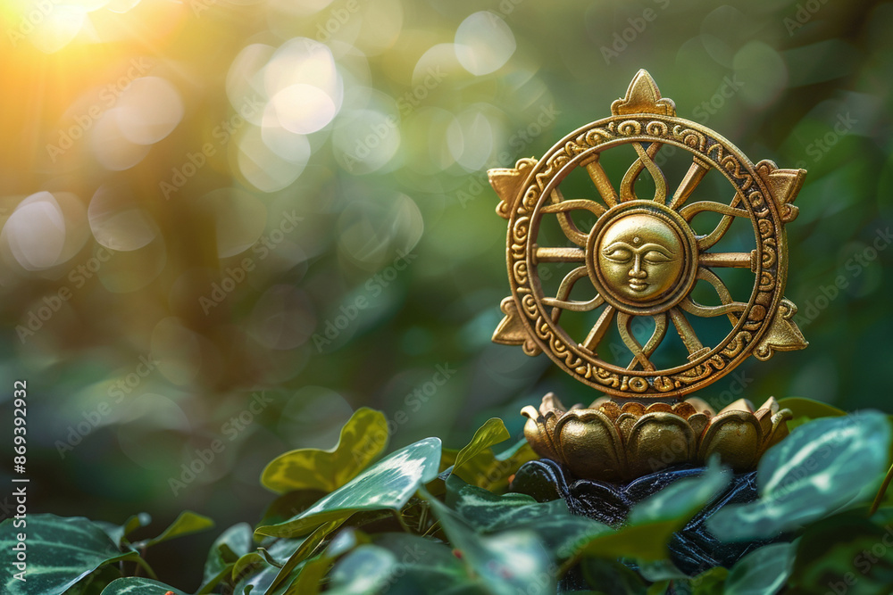Fototapeta premium Golden Dharma Wheel on Green Background - Symbol of Buddhist Enlightenment