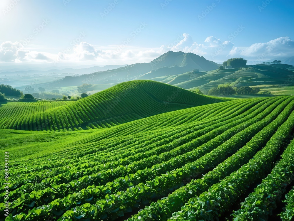 rolling hills covered in lush green lettuce fields creating a patchwork landscape under clear blue sky showcasing sustainable agriculture and natural beauty rolling hills covered in lush green lettuce fields creating a patchwork landscape under clear blue sky showcasing sustainable agriculture and natural beauty
