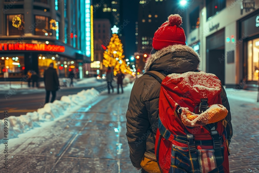 Obraz premium Person Walking Through Snowy City Street at Night With Illuminated Christmas Tree in Background