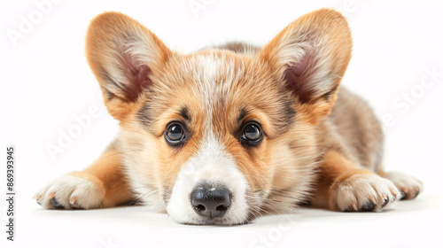 Fluffy corgi puppy dog with a surprised expression isolated on a white background © wasan