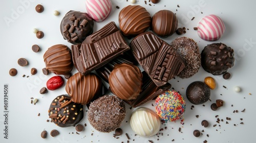 Assorted chocolates and truffles on a white background
