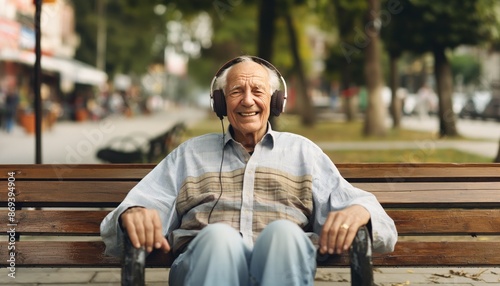 An older man with a lovely smile is sitting on a bench in a park, enjoying music on his headphones on a beautiful day, surrounded by a vibrant, outdoor setting.