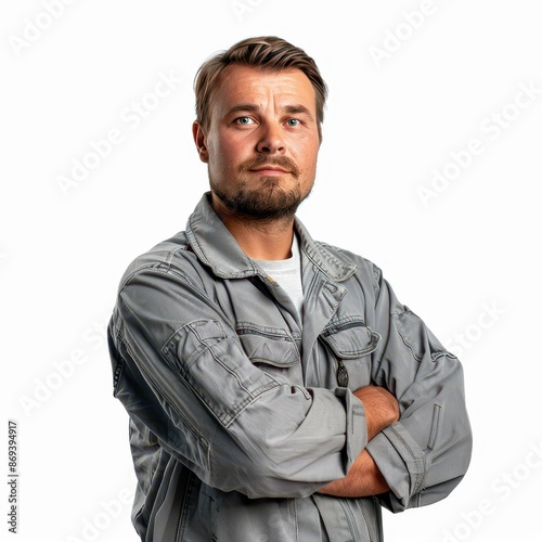 professional smiling Mechanic standing isolated on white background, looking directly at the camera with an attentive expression